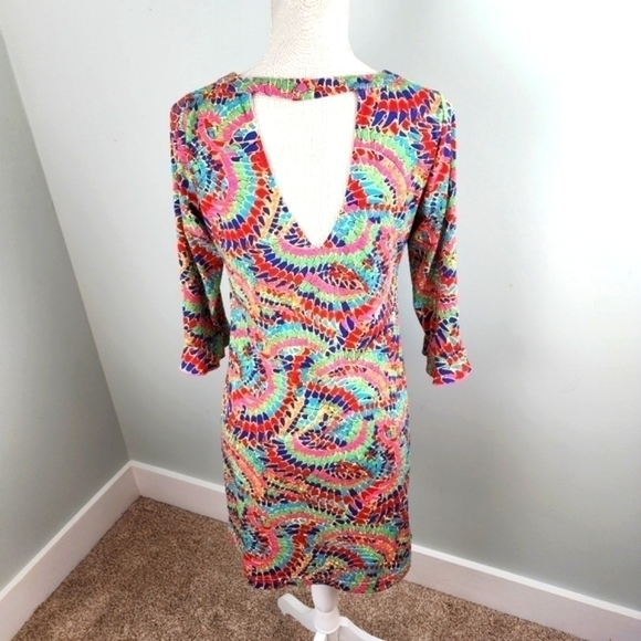 Joy Joy Colorful Geometrical Long Sleeve Midi Dress Scoop Neck Open Back Size XS - Picture 5 of 8